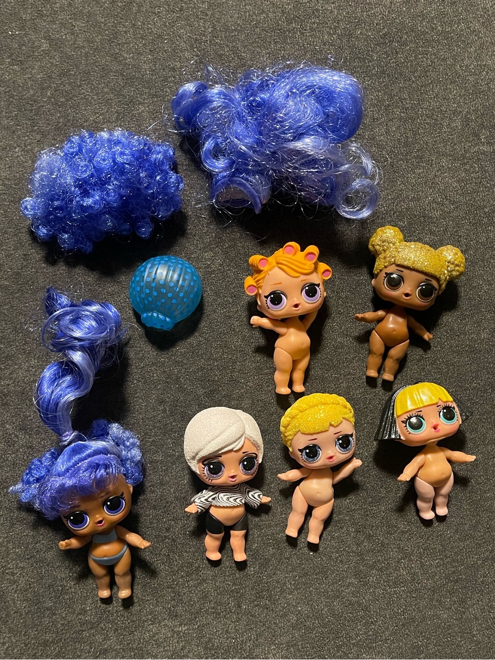LOL Surprise Hair Hair Hair Tots Lot 5 Dolls + 4 Blue Wigs - Queen Bee Diva Neon